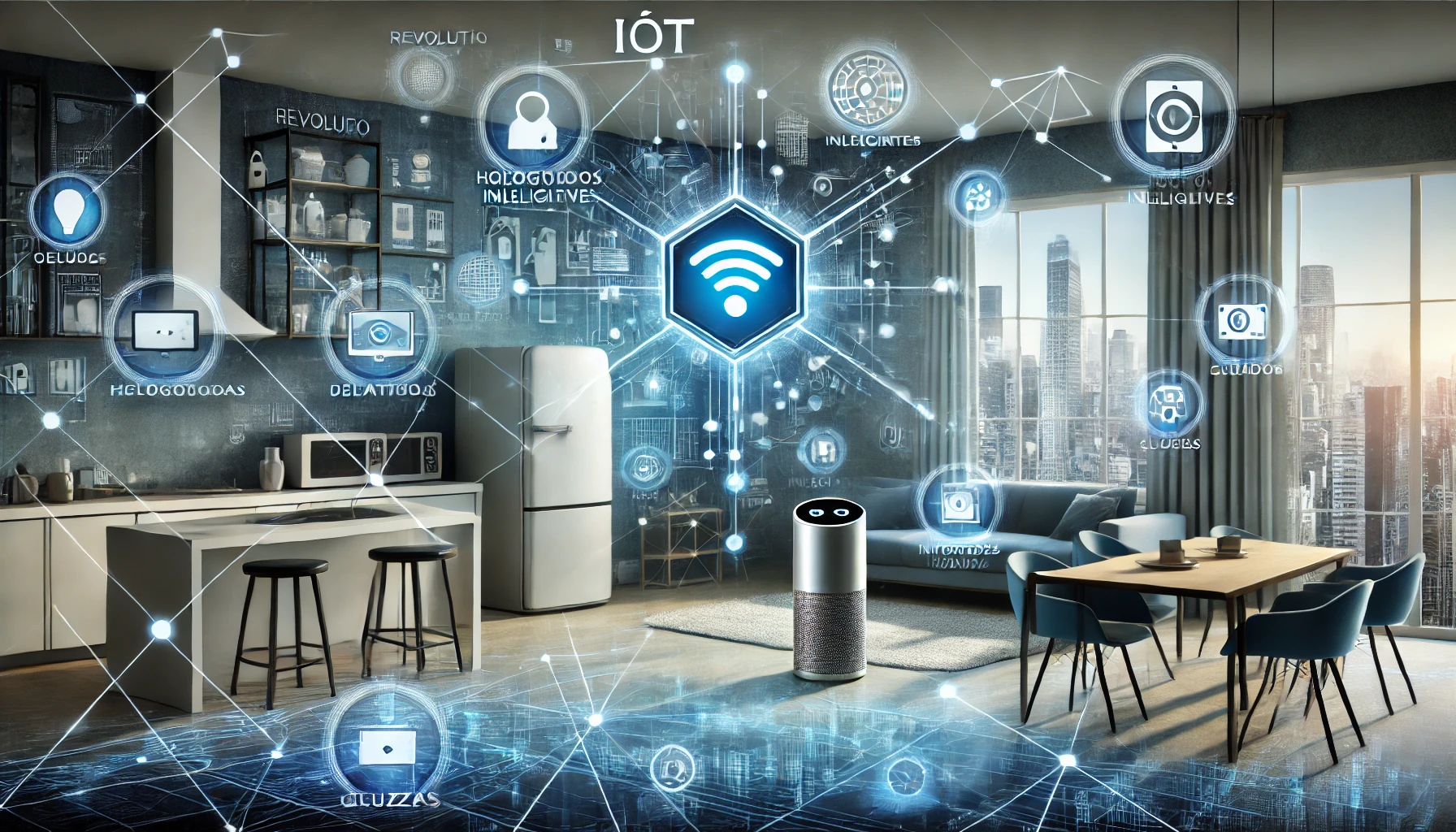 Uma cena futurística que ilustra a Revolução IoT, mostrando dispositivos inteligentes interconectados em um ambiente cotidiano. A imagem inclui uma sala moderna com eletrodomésticos inteligentes, como geladeira, luzes, e um assistente de voz. Há hologramas e gráficos digitais flutuando no ar representando conexões e dados. Tons de azul e ciano predominam, sugerindo tecnologia avançada e conectividade.